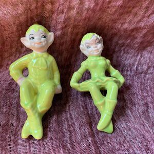 Vintage Mid Century Green Fairy Elf Vase Figurines